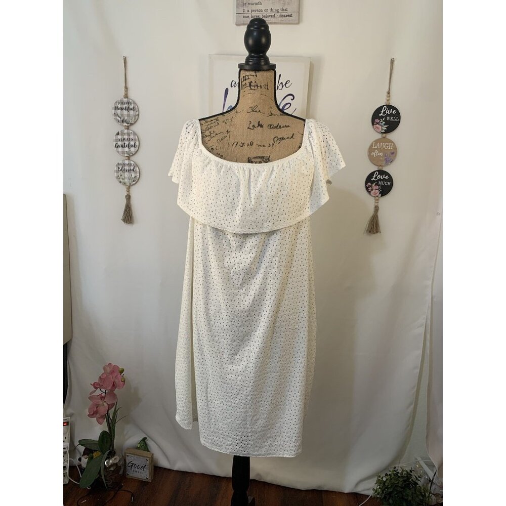 (F-151)Lola Grace Women’s Off Shoulder Midi Dress White Eyelet Polka Dot Size X - Picture 3 of 9
